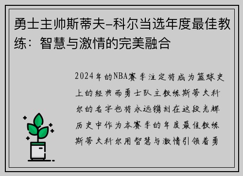 勇士主帅斯蒂夫-科尔当选年度最佳教练：智慧与激情的完美融合