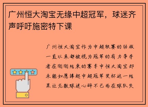 广州恒大淘宝无缘中超冠军，球迷齐声呼吁施密特下课